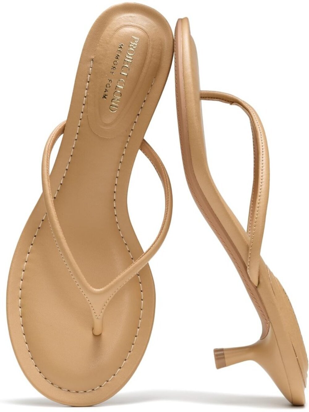 Women's Leather Kitten Heels Tan Leather Slip On Thong Heels Sandals Thong Heels
